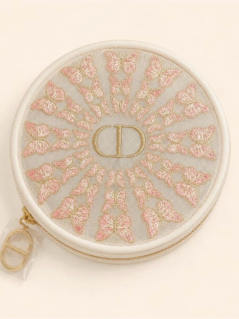 Dior Round Embroidered Butterfly Coin Case in Pink & Cream with Gold Accent